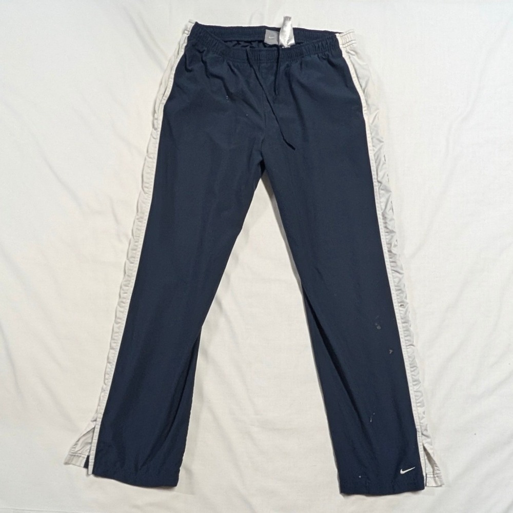 Nike Vintage Navy Blue White Striped Track Pants Women Medium Drawstring Swoosh